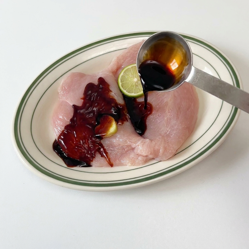 Ein Löffel gießt dunkle Sojasauce über rohes Hähnchenfleisch mit Ingwer und Pfeffer auf einem weiß-grünen Teller.