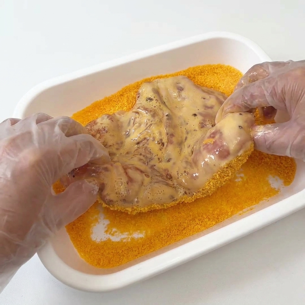 Hände mit Handschuhen drücken das eiüberzogene Hähnchen in eine rechteckige Form voller leuchtend gelb-oranger Panko-Brösel.