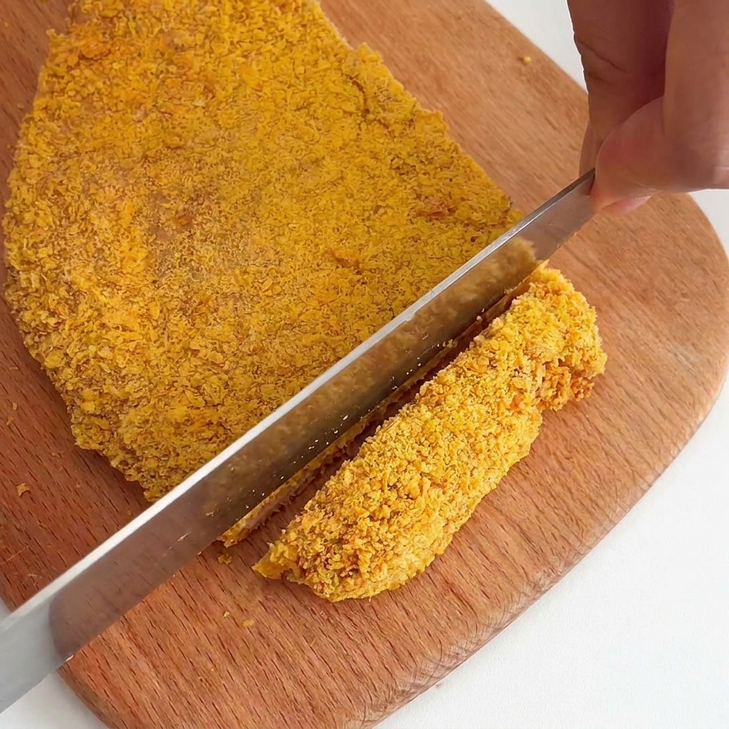 Eine Hand schneidet mit einem Messer ein goldbraunes paniertes Hähnchenschnitzel auf einem Holzbrett in dicke Streifen.