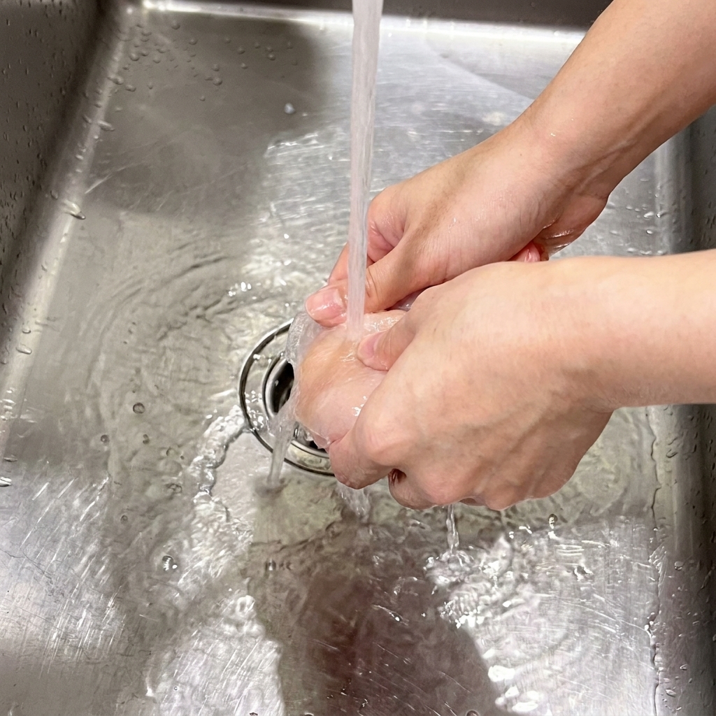 Hände halten eine rohe Hähnchenbrust unter fließendes Wasser aus einer Küchenarmatur über einer Edelstahlspüle.
