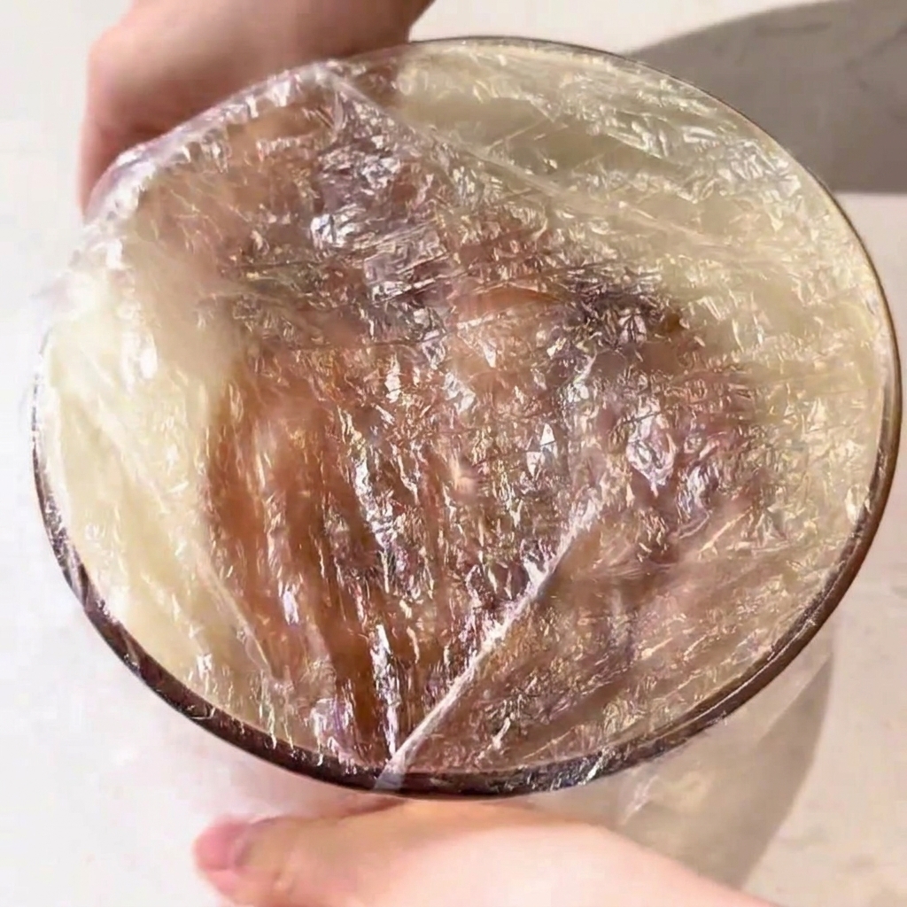 Eine Glasschüssel mit mariniertem Hähnchen, fest verschlossen mit einer Schicht Frischhaltefolie.