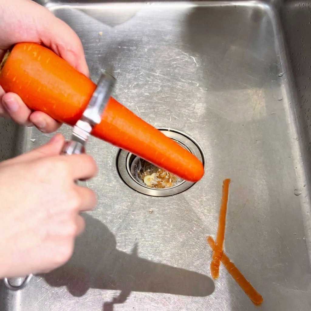 Hände schälen eine große Karotte mit einem Metallschäler über einem Waschbecken.