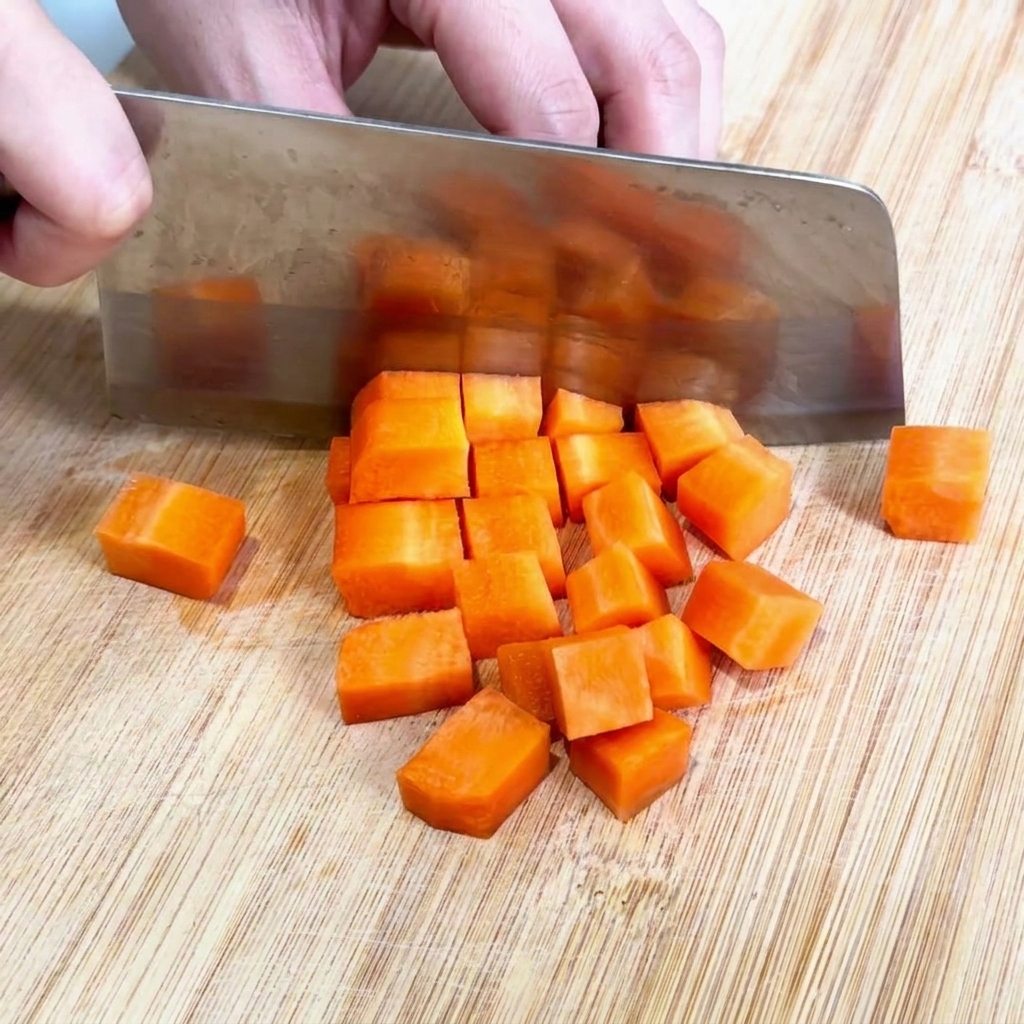 Ein Kochmesser würfelt eine orangefarbene Karotte auf einem Holzbrett in kleine Stücke.
