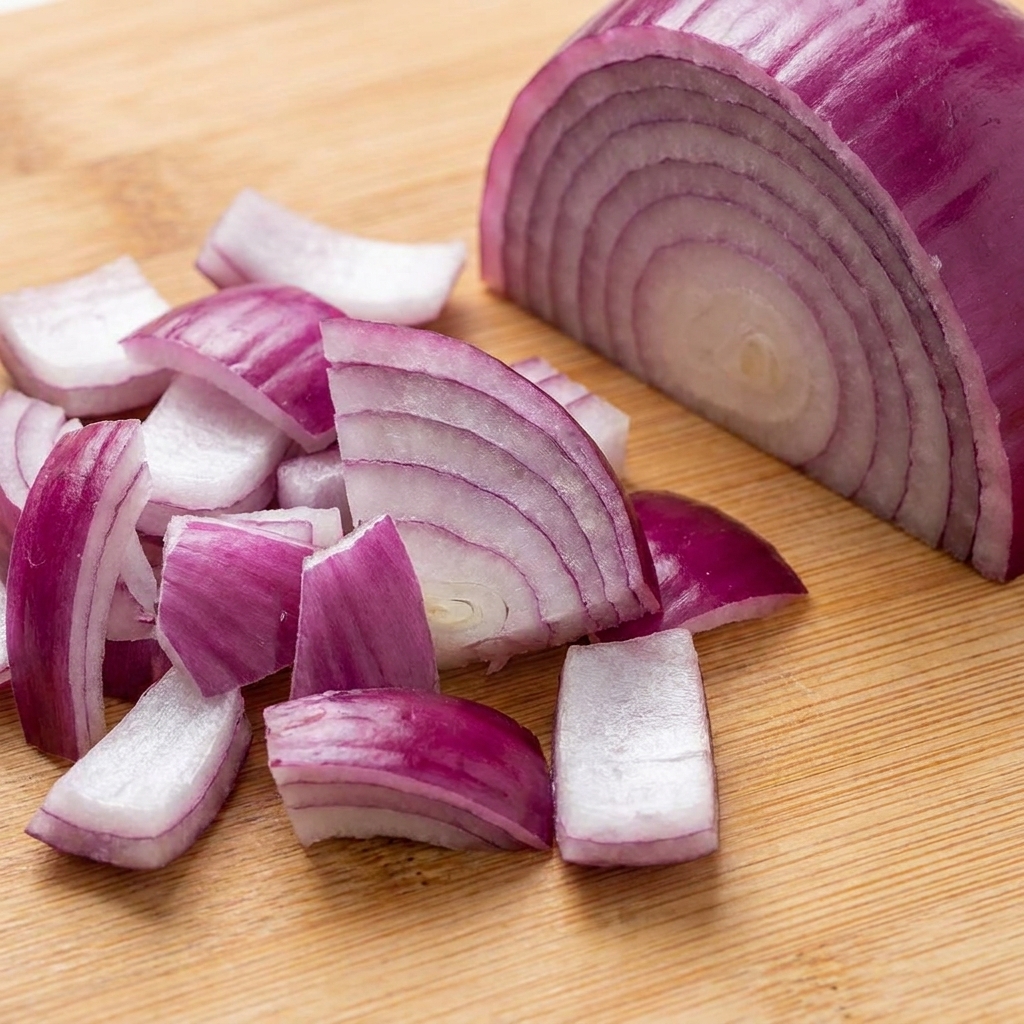 Eine halbierte rote Zwiebel neben einem Haufen frisch gewürfelter Zwiebelstücke auf einem Brett.