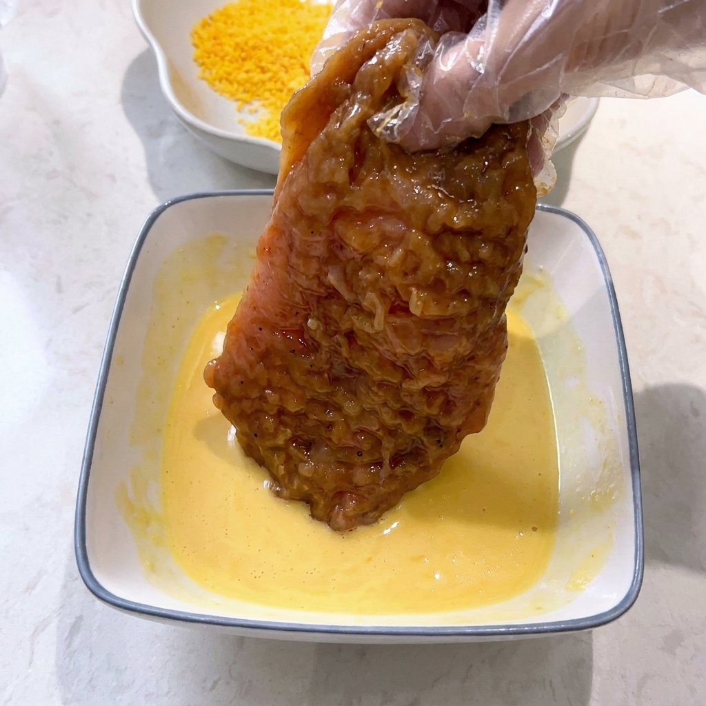 Eine Person taucht ein Stück mariniertes Hähnchen in eine Schüssel mit gelbem Teig.
