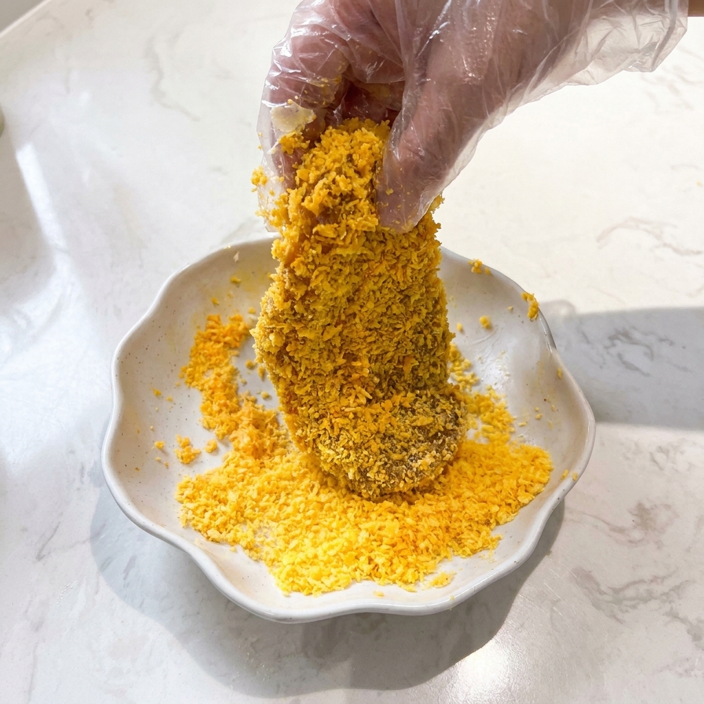 Eine Hand drückt ein mit Teig überzogenes Hähnchen in einen Haufen goldgelbes Panko-Paniermehl.