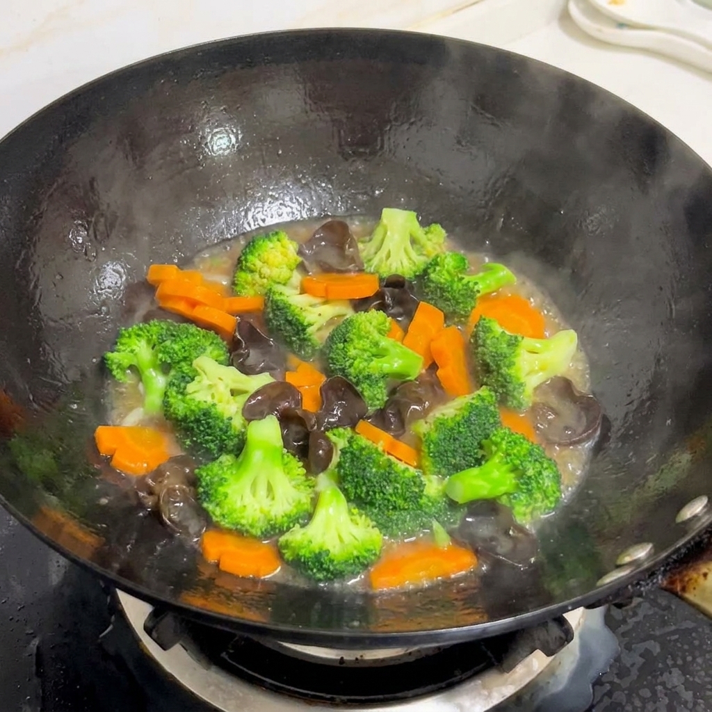 Ein bunter Mix aus Brokkoli, Karotten und Pilzen wird mit einer glänzenden Sauce im Wok geschwenkt.