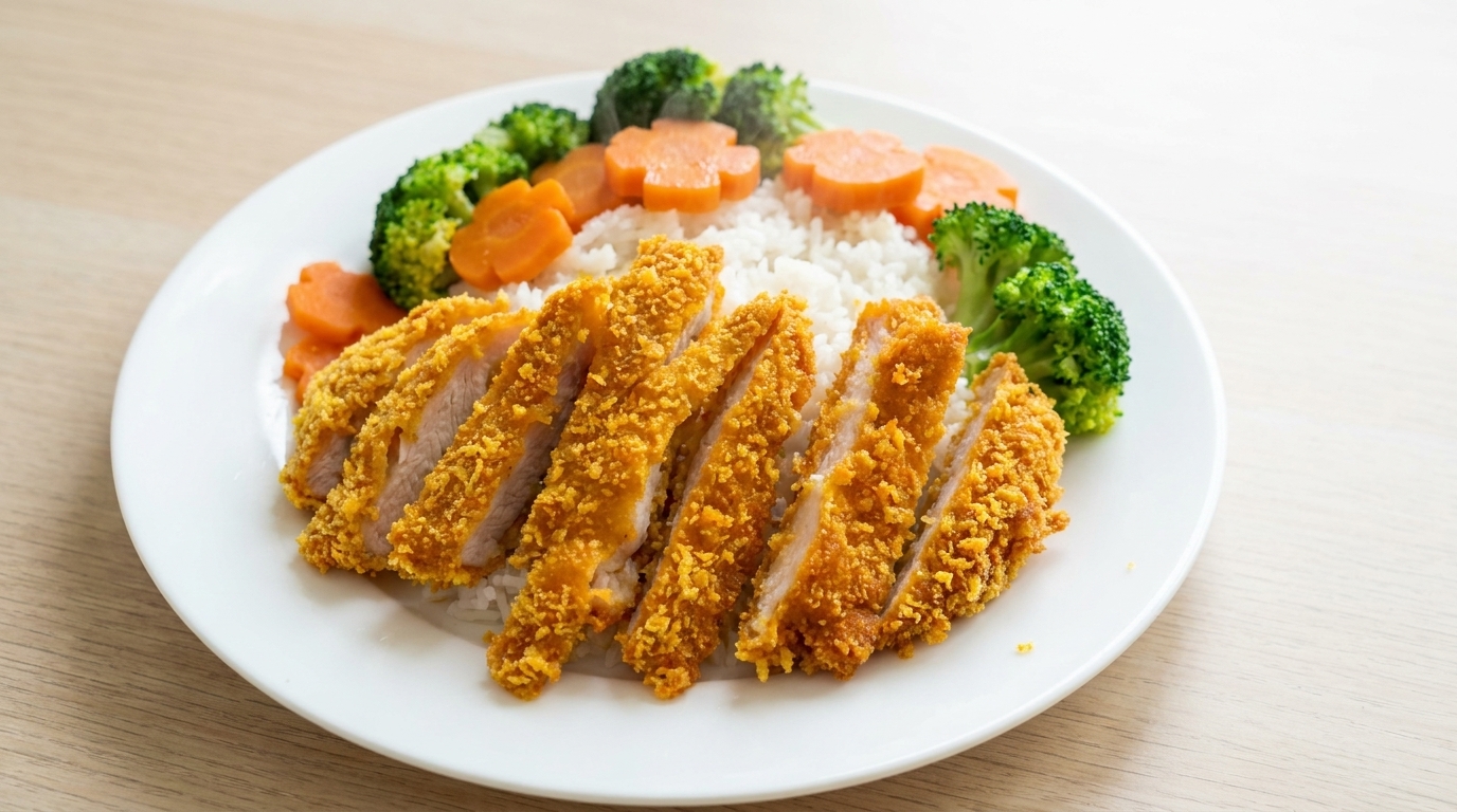 Knuspriges Chicken Katsu mit Reis und dekorativem Gemüse