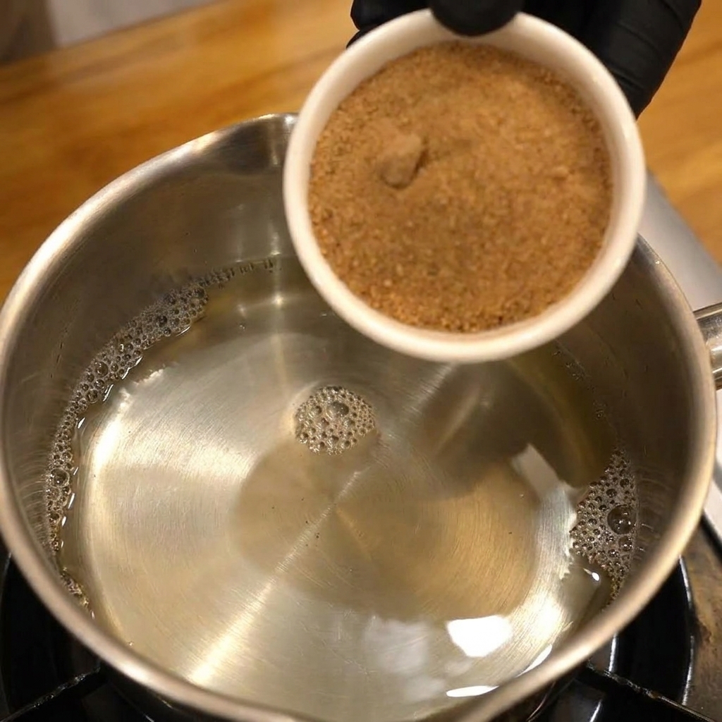 Brauner Zucker wird in einen kleinen Metalltopf mit klarem Reisessig geschüttet.