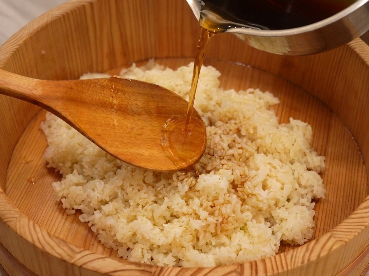 Bernsteinfarbener Sushi-Essig wird über heißen Reis in einer Holzschale gegossen und mit einem Löffel verteilt.