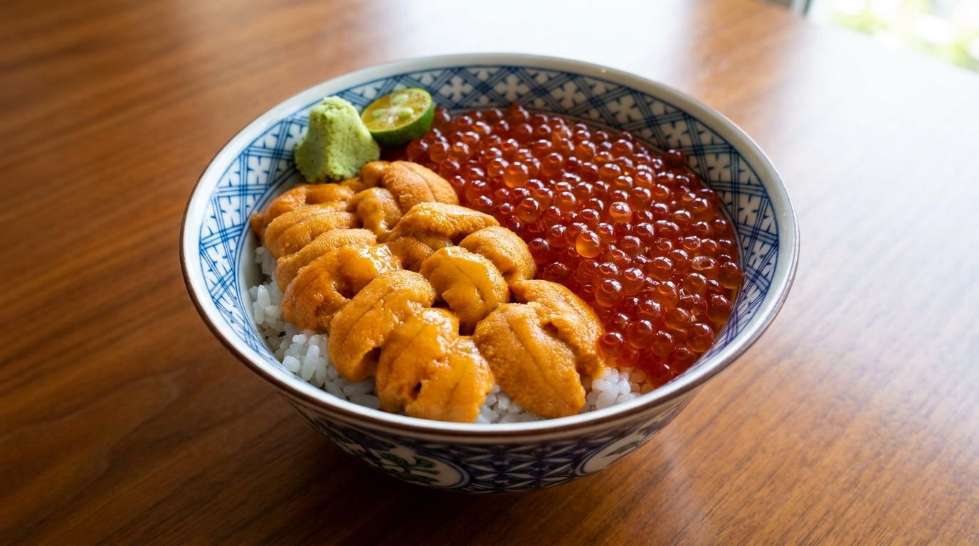 Premium Uni & Ikura Donburi (Reis-Bowl mit Seeigel und Lachskaviar)