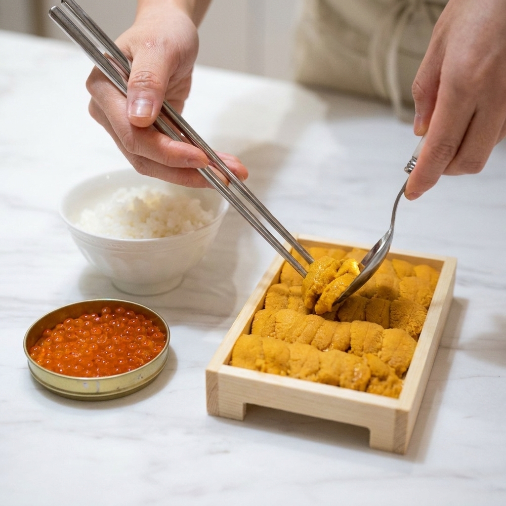 Mit Stäbchen werden leuchtend orangefarbene Uni-Zungen von einem Holzbrett auf den Reis gehoben.