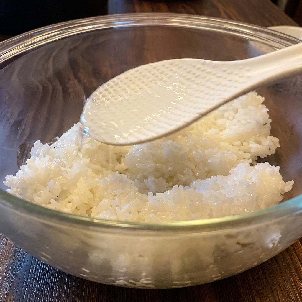 Klarer Sushi-Essig wird über einen Reislöffel auf den weißen Reis gegossen.