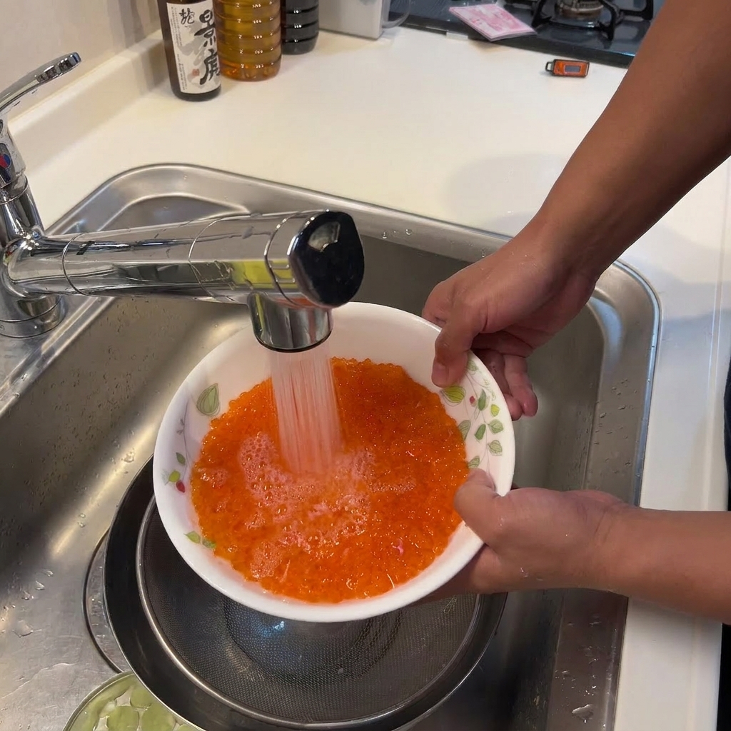 Nahaufnahme von hunderten leuchtend orangen Lachs-Eiern in einer weißen Schüssel, die unter einem Wasserhahn abgespült werden.