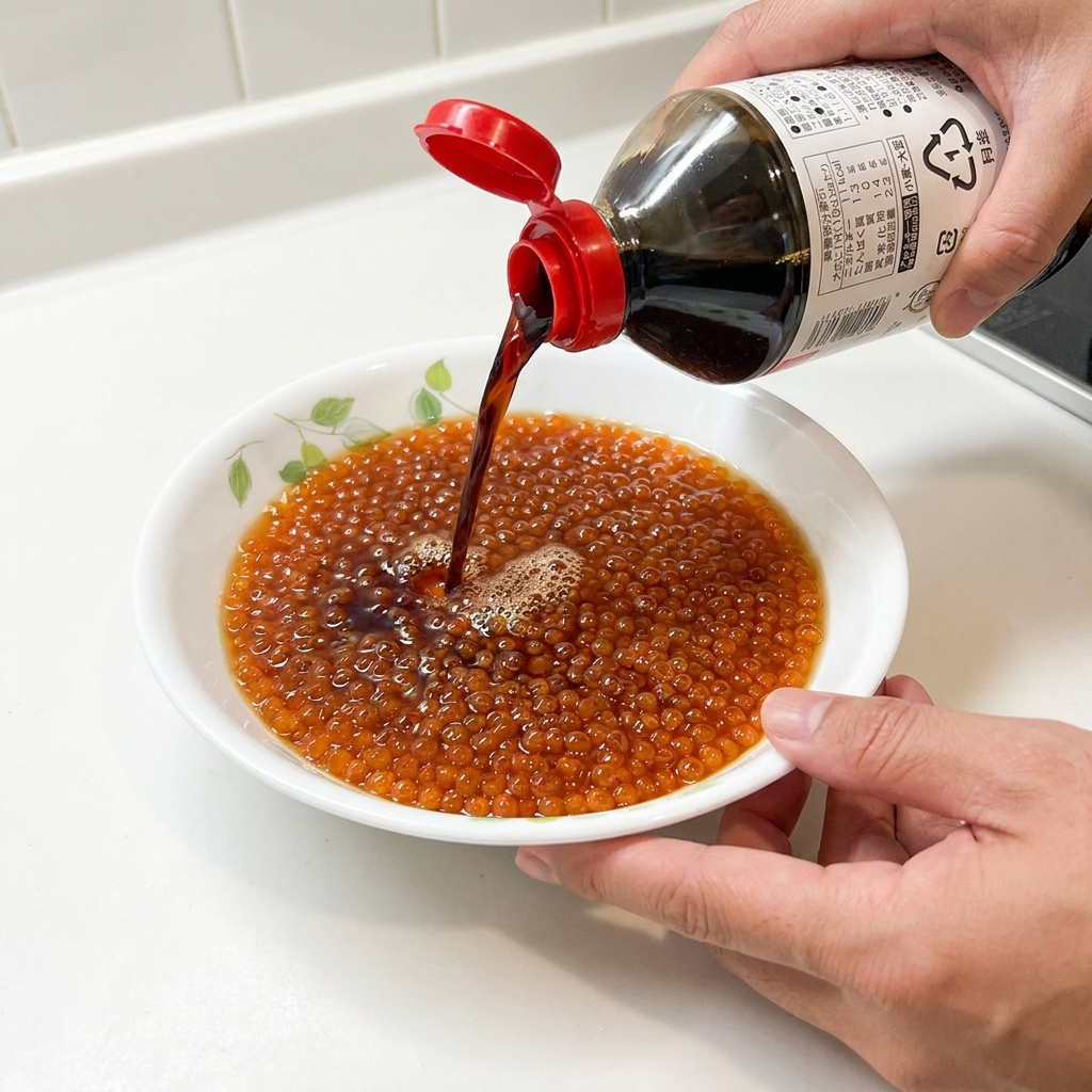 Dunkle Sojasauce wird aus einer Flasche über eine Schüssel mit gereinigten, leuchtend orangen Lachseiern gegossen.
