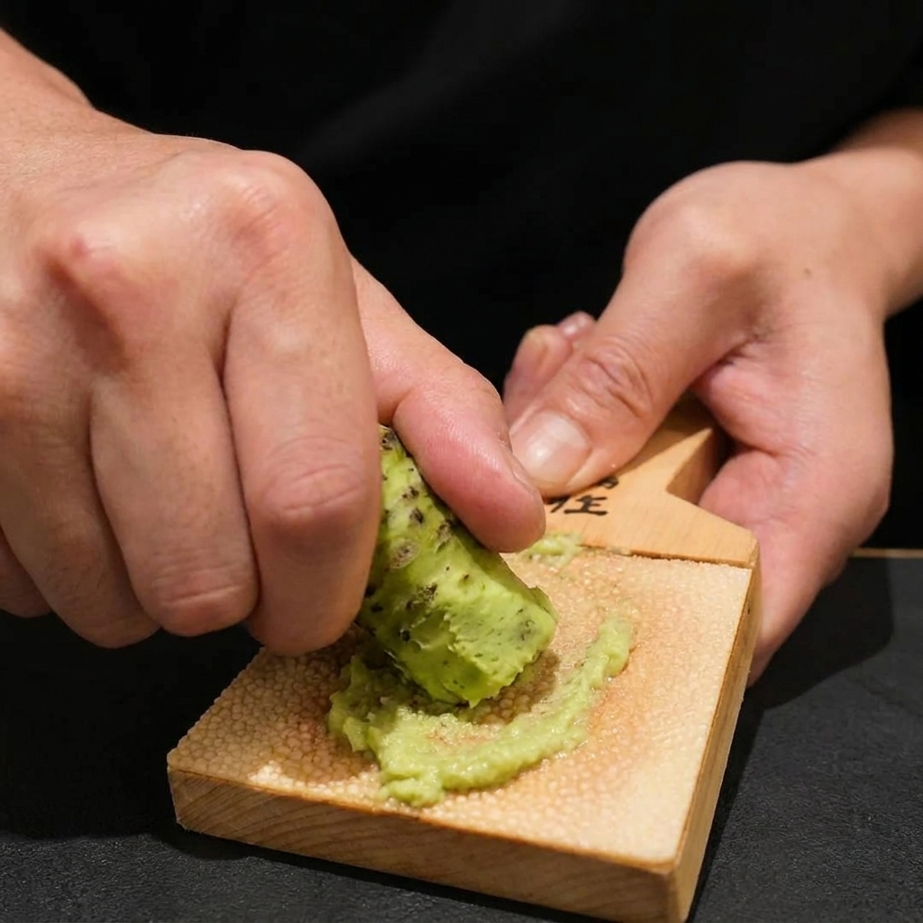 Eine grüne Wasabi-Wurzel wird auf einer traditionellen Holzreibe in kreisenden Bewegungen gerieben.