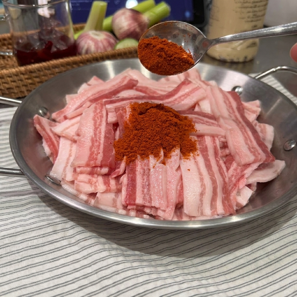 Dünne Schweinebauchscheiben in einer Edelstahlschüssel, über die rotes Gewürzpulver gestreut wird.