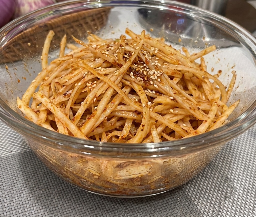 Vollständig gemischter Frühlingszwiebelsalat mit rotem Dressing und Sesam in einer Glasschüssel.