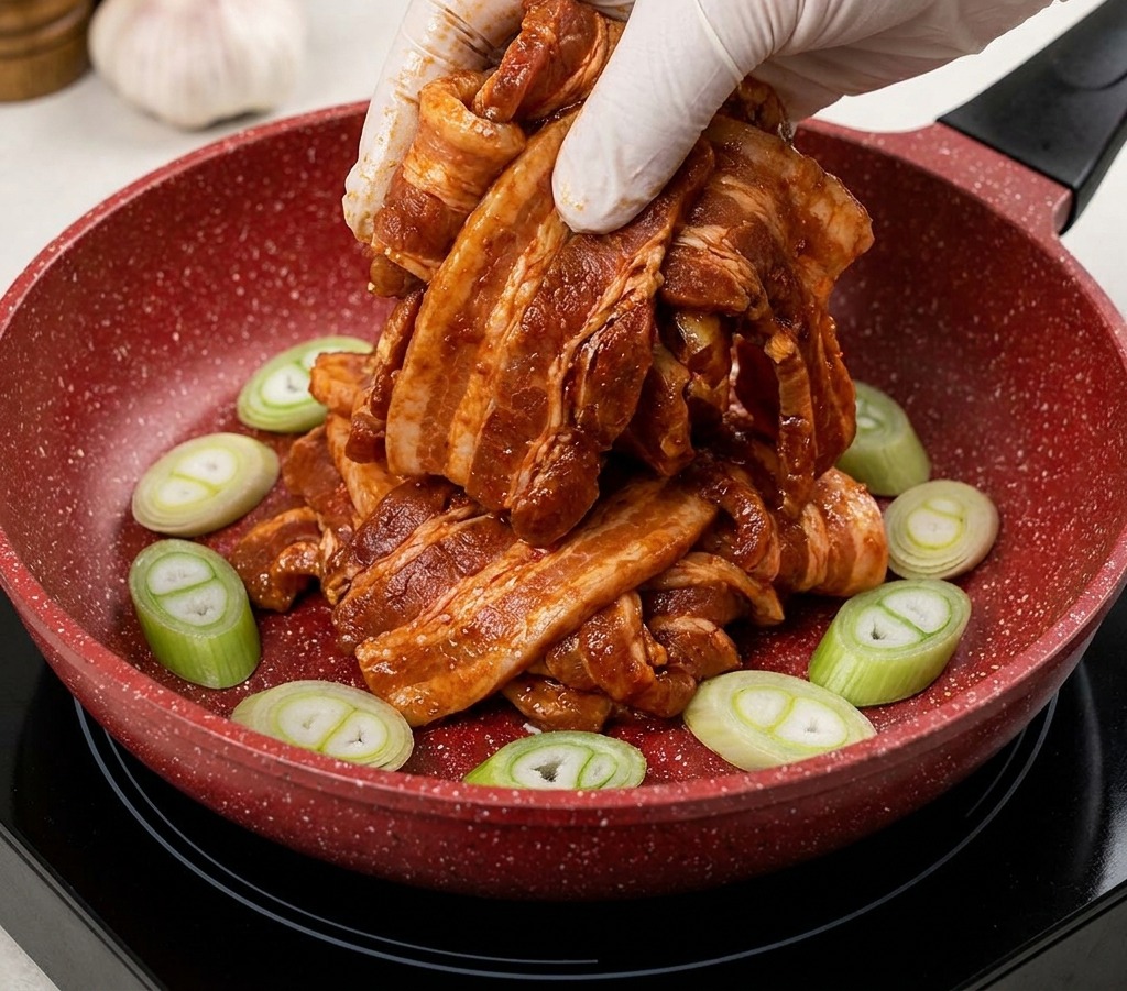 Marinierte Schweinebauchstreifen werden in eine Pfanne mit Frühlingszwiebelringen gelegt.