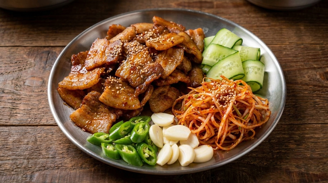 Koreanisch marinierter gegrillter Schweinebauch (Dwaeji Bulgogi)