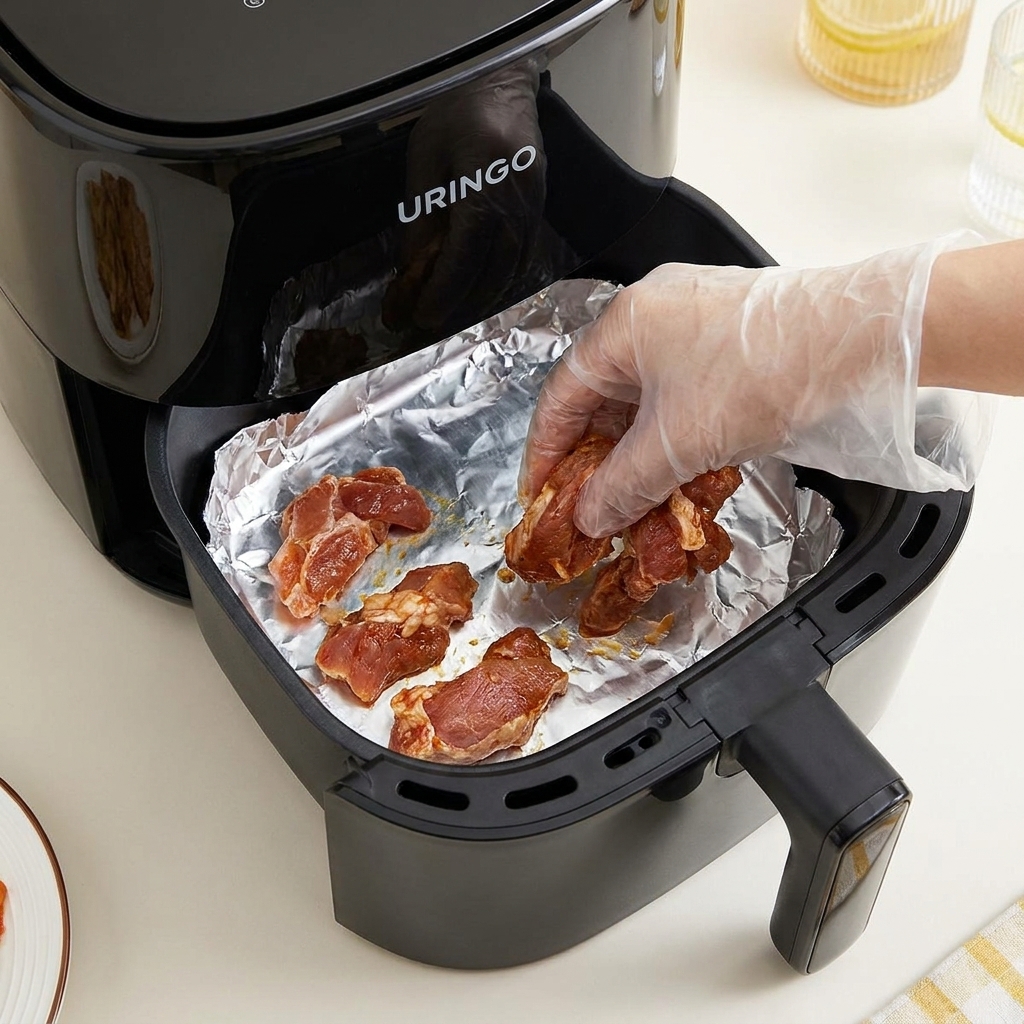 Eine behandschuhte Hand legt Stücke von mariniertem, rötlich-braunem Schweinebauch in einen mit Alufolie ausgekleideten Korb einer Heißluftfritteuse.