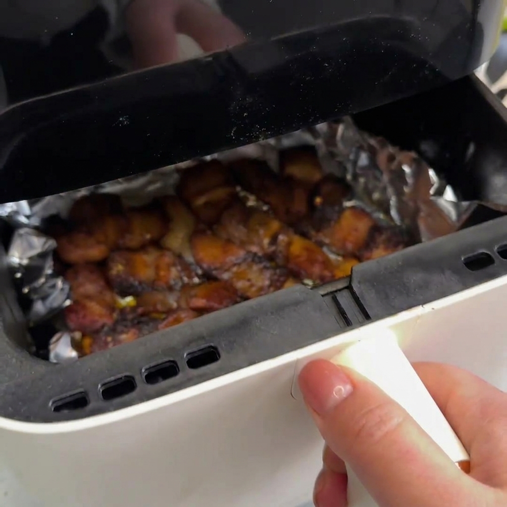 Eine Person wendet gebräunte Schweinebauchscheiben mit Stäbchen in einem mit Alufolie ausgekleideten Korb einer Heißluftfritteuse.