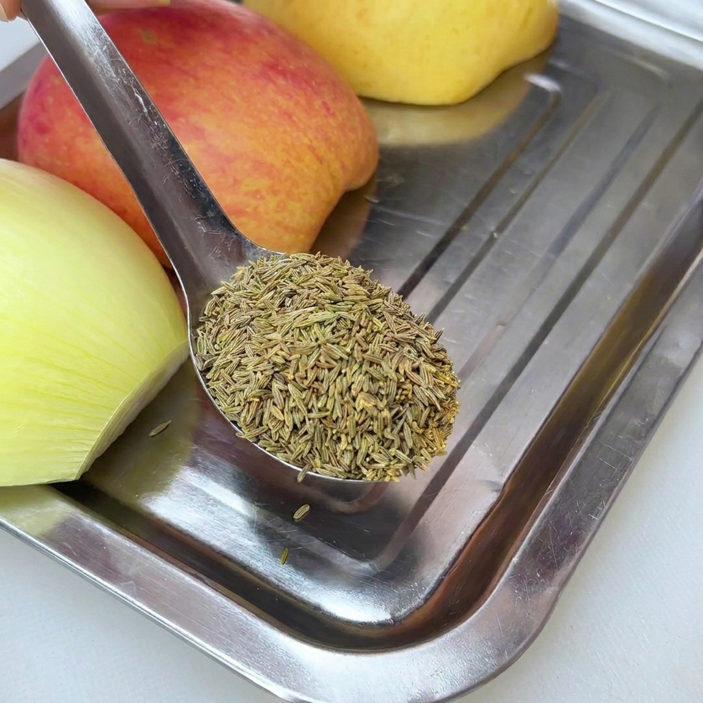 Ein Metalllöffel hält ganze Kreuzkümmelsamen über ein Tablett mit frischen Zwiebel- und Obststücken.