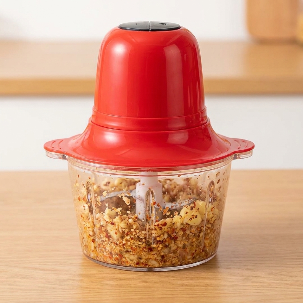 Ein roter elektrischer Mixer, gefüllt mit einer dicken, texturierten roten Marinade.