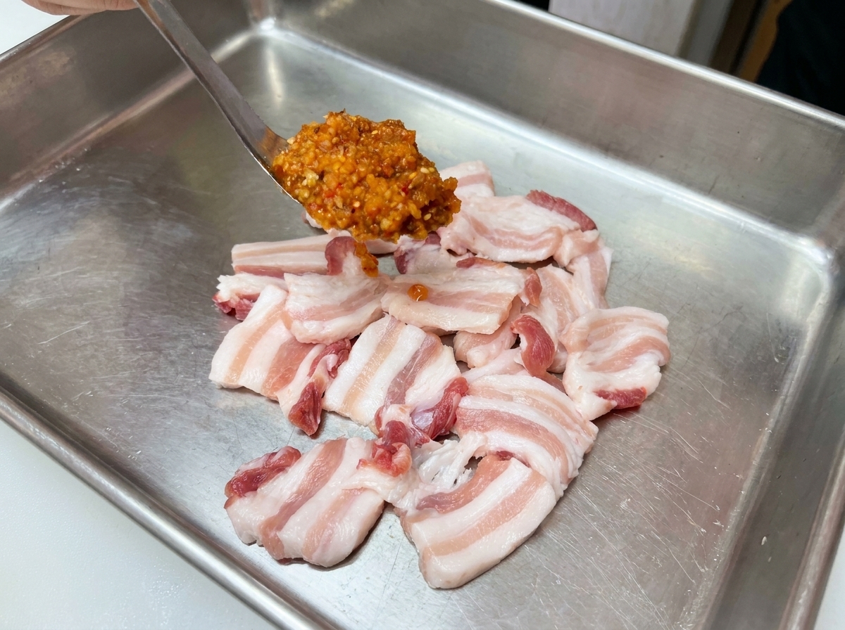 Ein Löffel gibt eine Portion der roten Marinade auf rohe Schweinebauchscheiben auf einem Metalltablett.