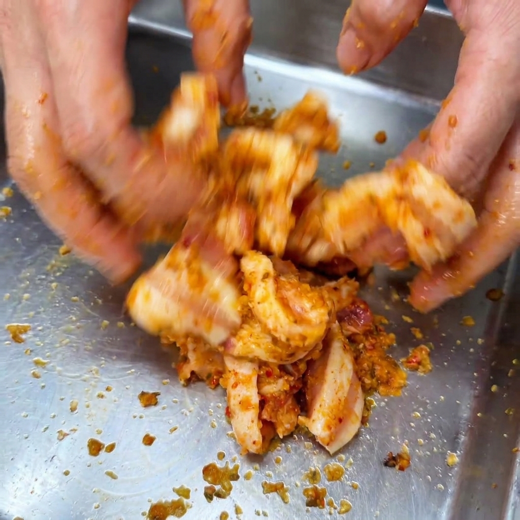 Hände vermengen rohe Schweinebauchscheiben mit einer rötlichen Gewürzmarinade in einer Metallform.
