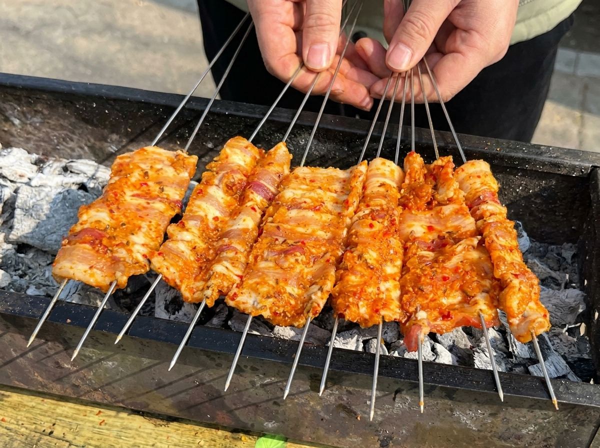 Mehrere doppelt aufgespießte Schweinebauchportionen liegen flach auf einem rechteckigen Holzkohlegrill.