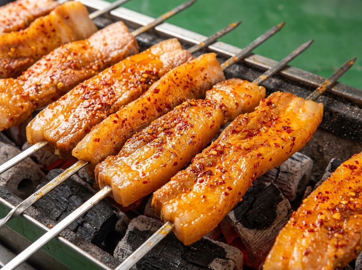 Gewendete Schweinebauch-Spieße auf dem Grill zeigen gebräuntes Fleisch und austretendes Fett über heißer Glut.