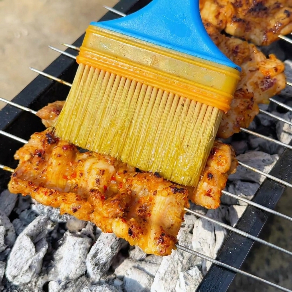 Ein Pinsel mit blauen Borsten trägt Öl auf die brutzeltenden Spieße über weißer Holzkohleglut auf.