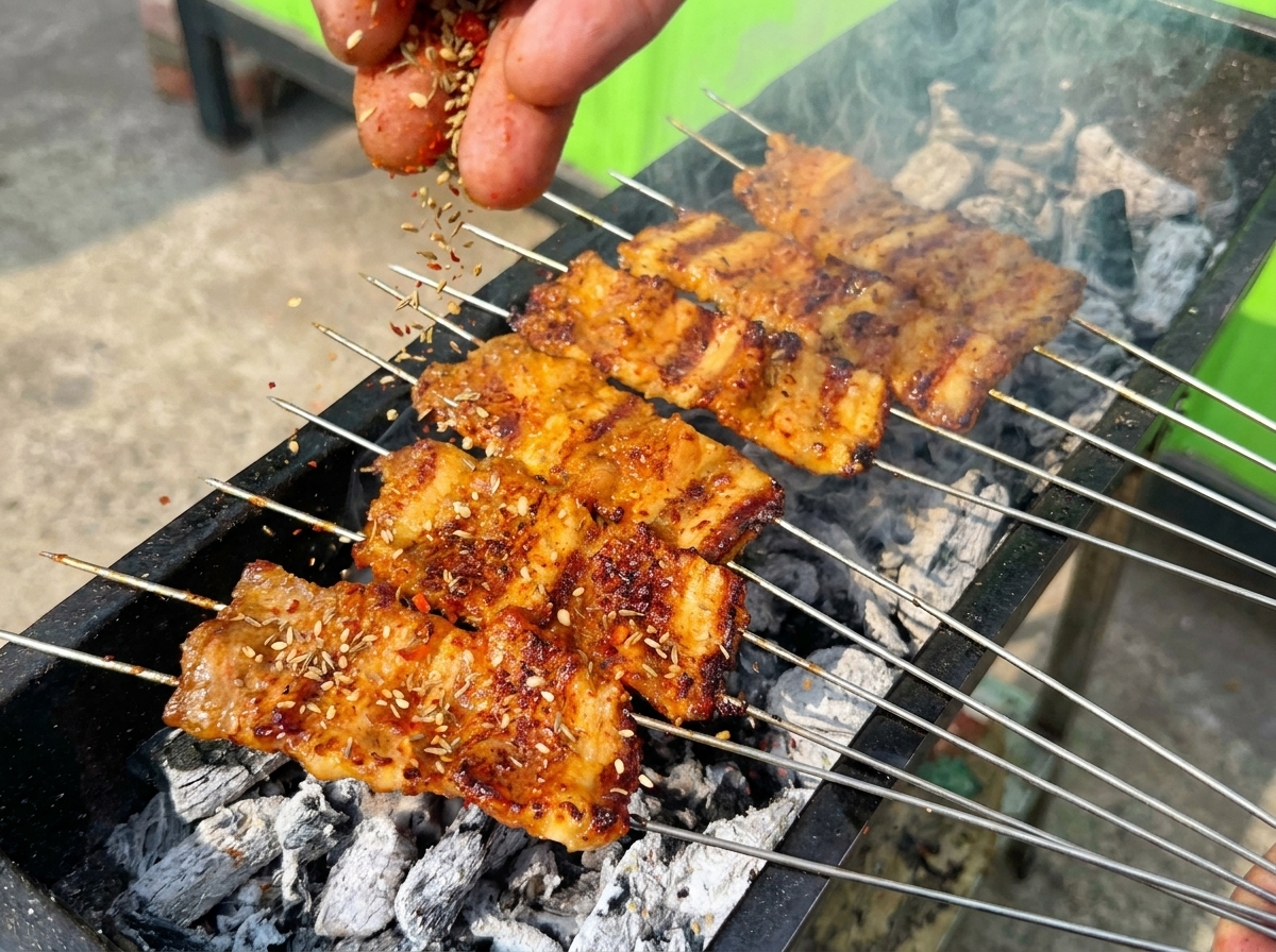Eine Hand streut eine Mischung aus Samen und Chiliflocken über die fertig gegrillten Spieße auf dem Grill.