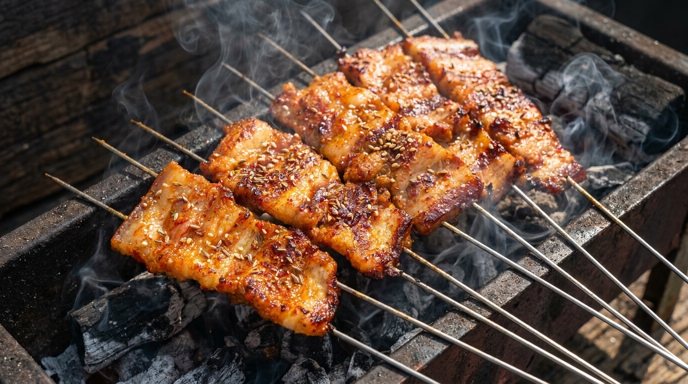 Koreanische Schweinebauch-Spieße vom Holzkohlegrill (Yangnyeom Samgyeopsal-gui)