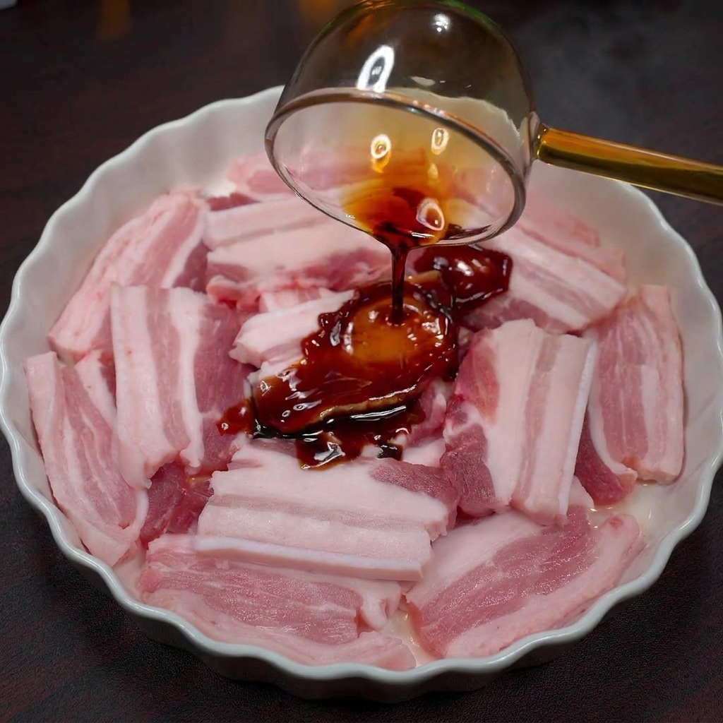 Dunkles Gewürzpulver wird über die rohen Schweinebauchscheiben gestreut.