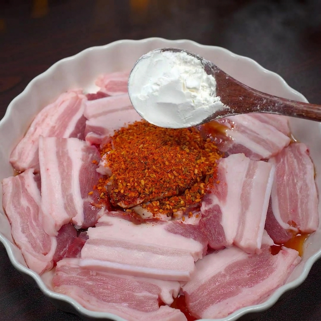 Ein Holzlöffel gibt einen Berg weißer Stärke auf den gewürzten Schweinebauch.