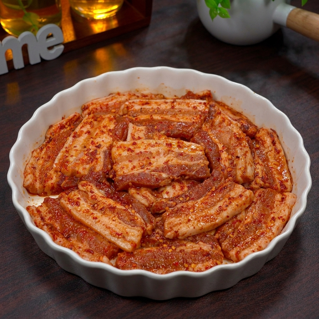Marinierte Schweinebauchscheiben, gleichmäßig mit roter Sauce bedeckt, in einer weißen Schüssel.