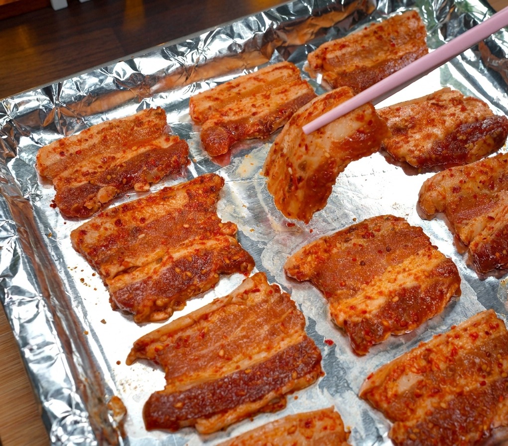 Marinierte Schweinebauchscheiben werden mit Stäbchen flach auf ein mit Folie ausgelegtes Blech gelegt.