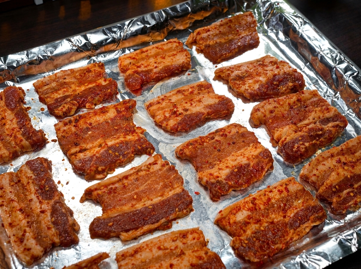 Ein Blech mit gewürzten, rötlichen Schweinebauchscheiben bereit für den Ofen.