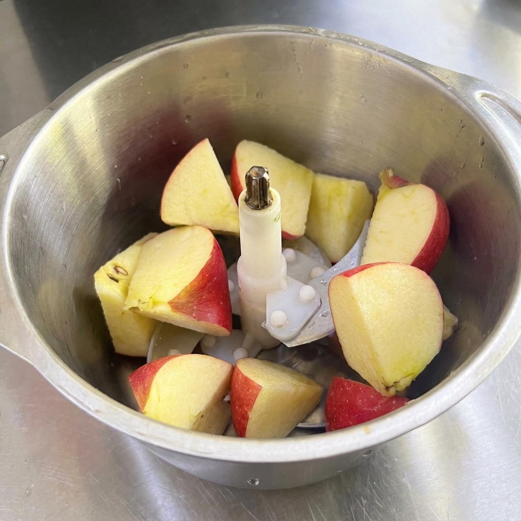 Ein Mixerbehälter gefüllt mit groben Stücken von ungeschälten roten Äpfeln, Birnen und weißer Zwiebel.