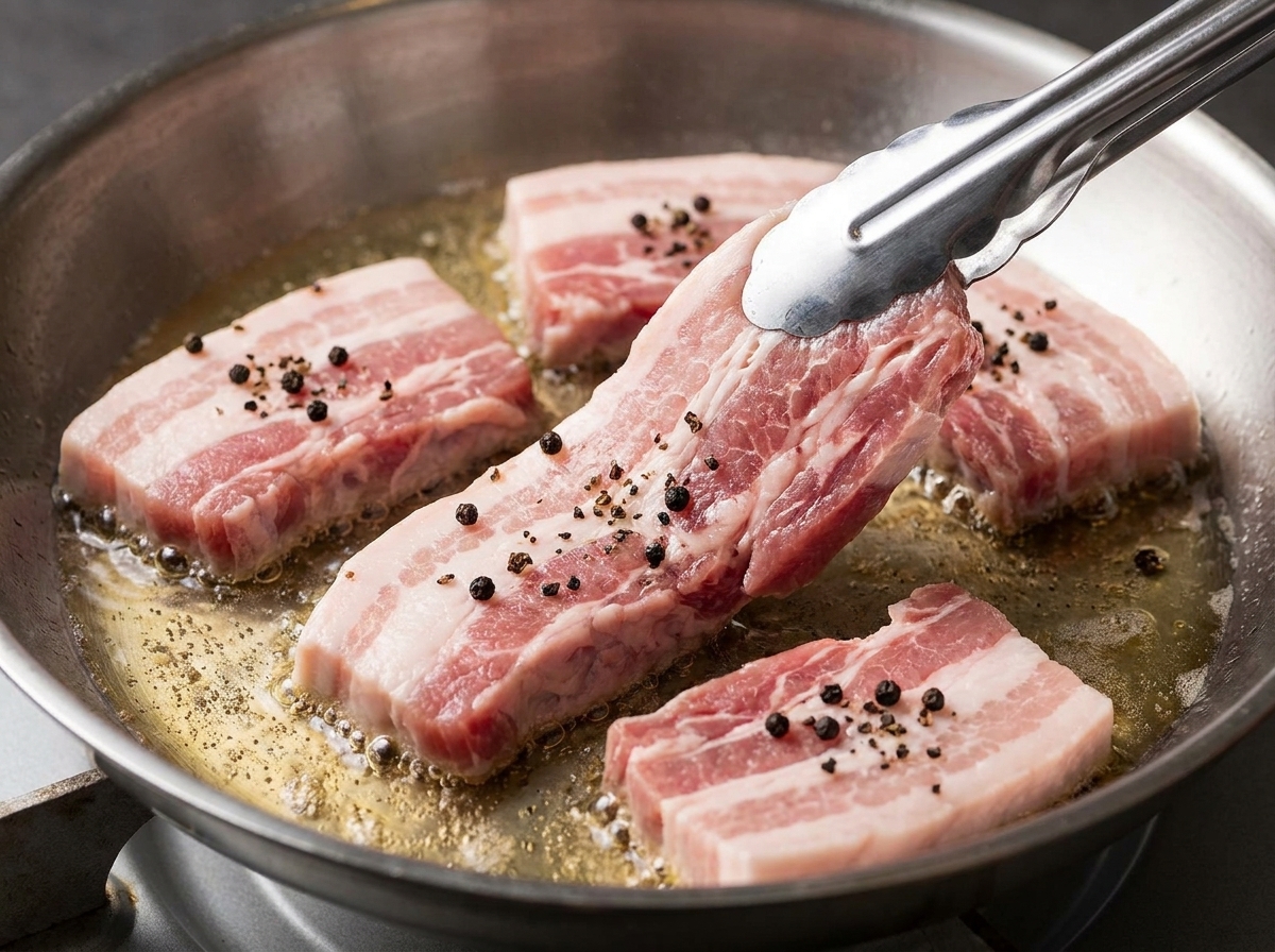 Eine Grillzange legt dicke Scheiben Schweinebauch in eine heiße, geölte schwarze Grillpfanne.