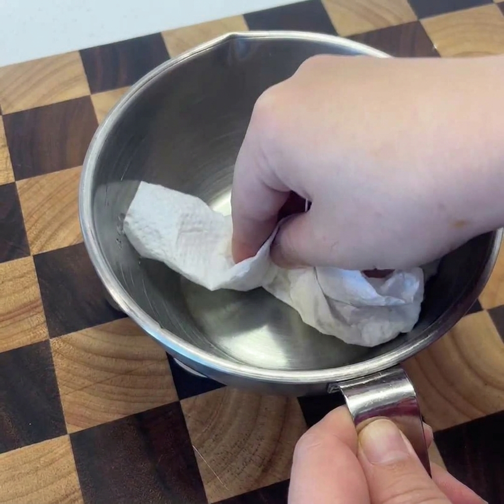 Eine Hand trocknet rohe Garnelen in einer Edelstahlschüssel mit einem weißen Küchentuch ab.