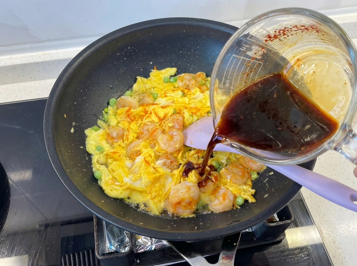Eine dunkle, herzhafte Sauce wird über Garnelen, Rührei und Erbsen in einer schwarzen Pfanne gegossen.