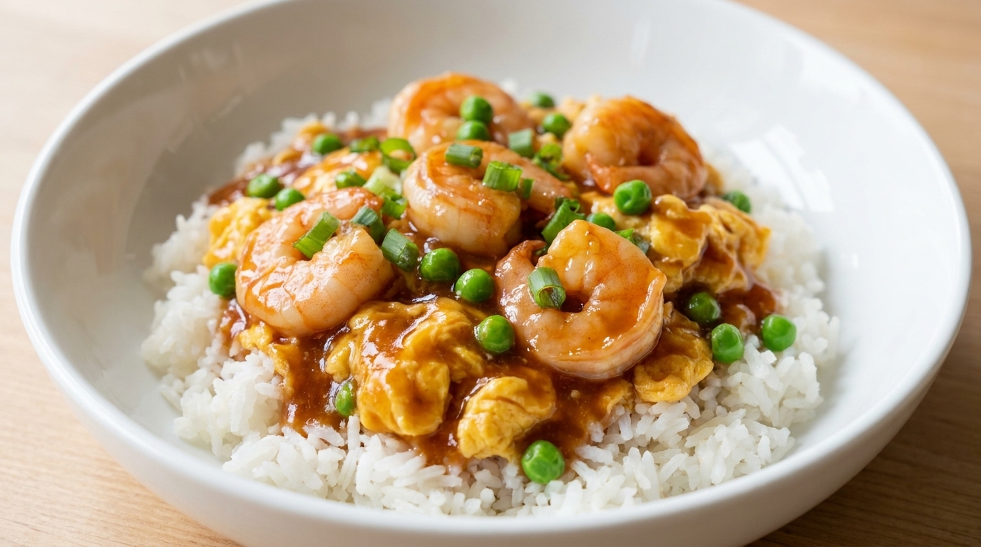 Herzhafte Bowl mit Garnelen und Rührei auf Reis