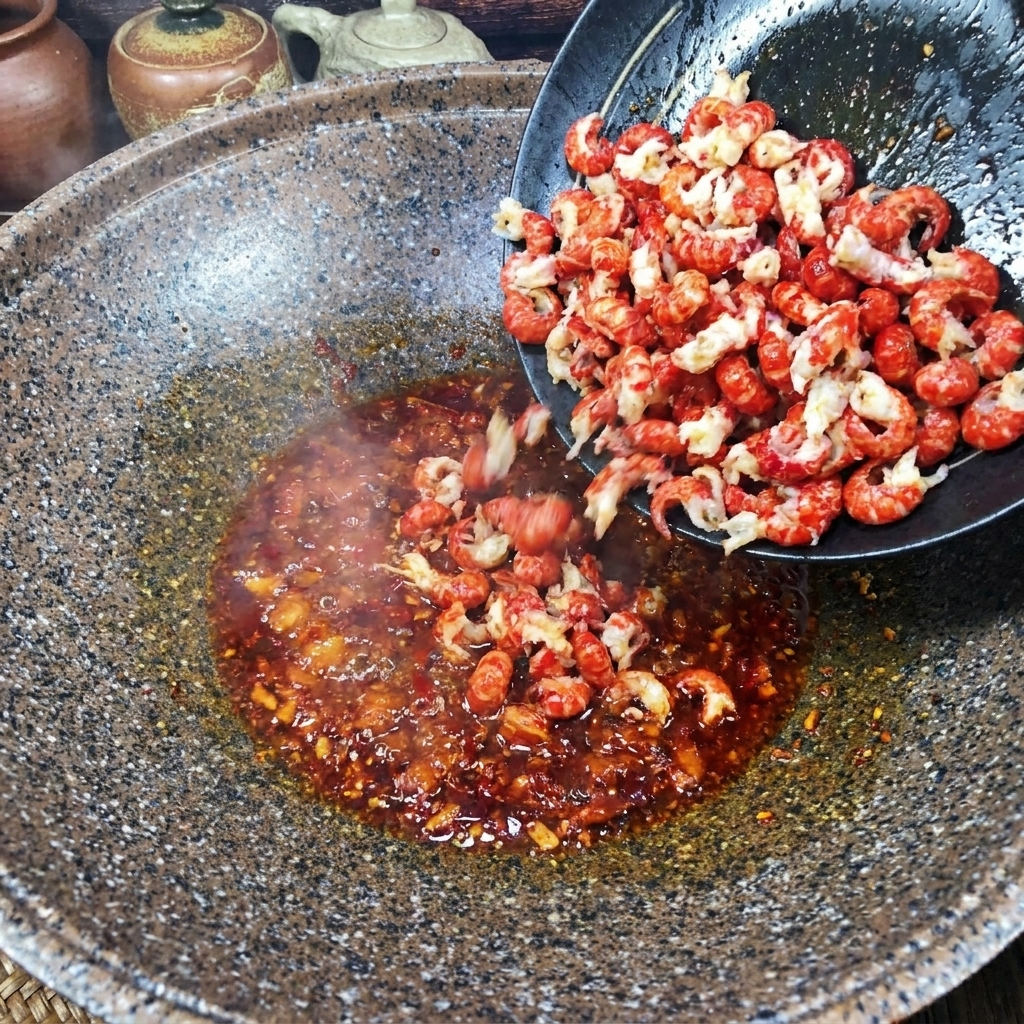 Geschältes Flusskrebsfleisch wird in einen Wok mit einer scharfen roten Sauce gegeben.