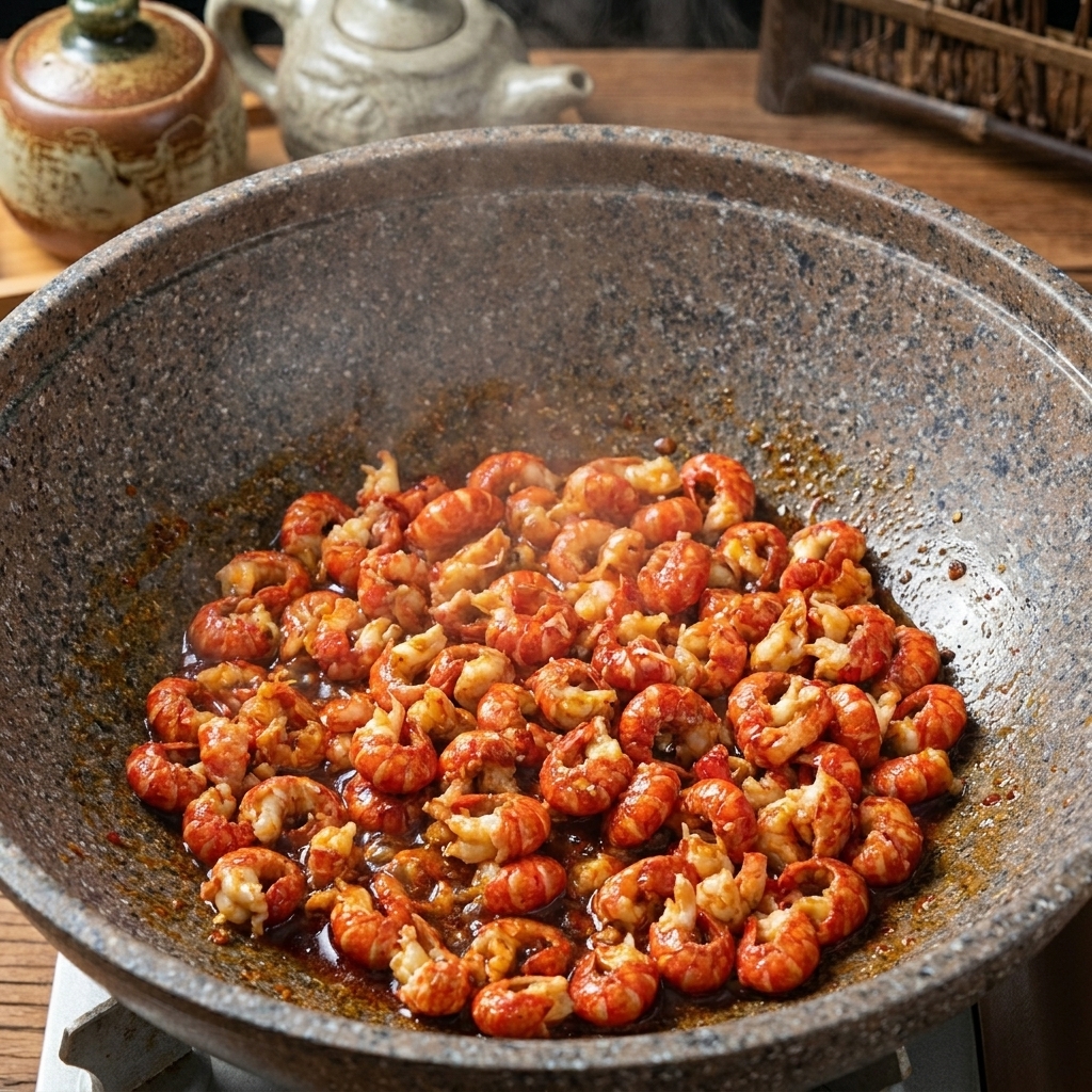Flusskrebsschwänze werden im Wok mit Sojasauce und Austernsauce verfeinert.