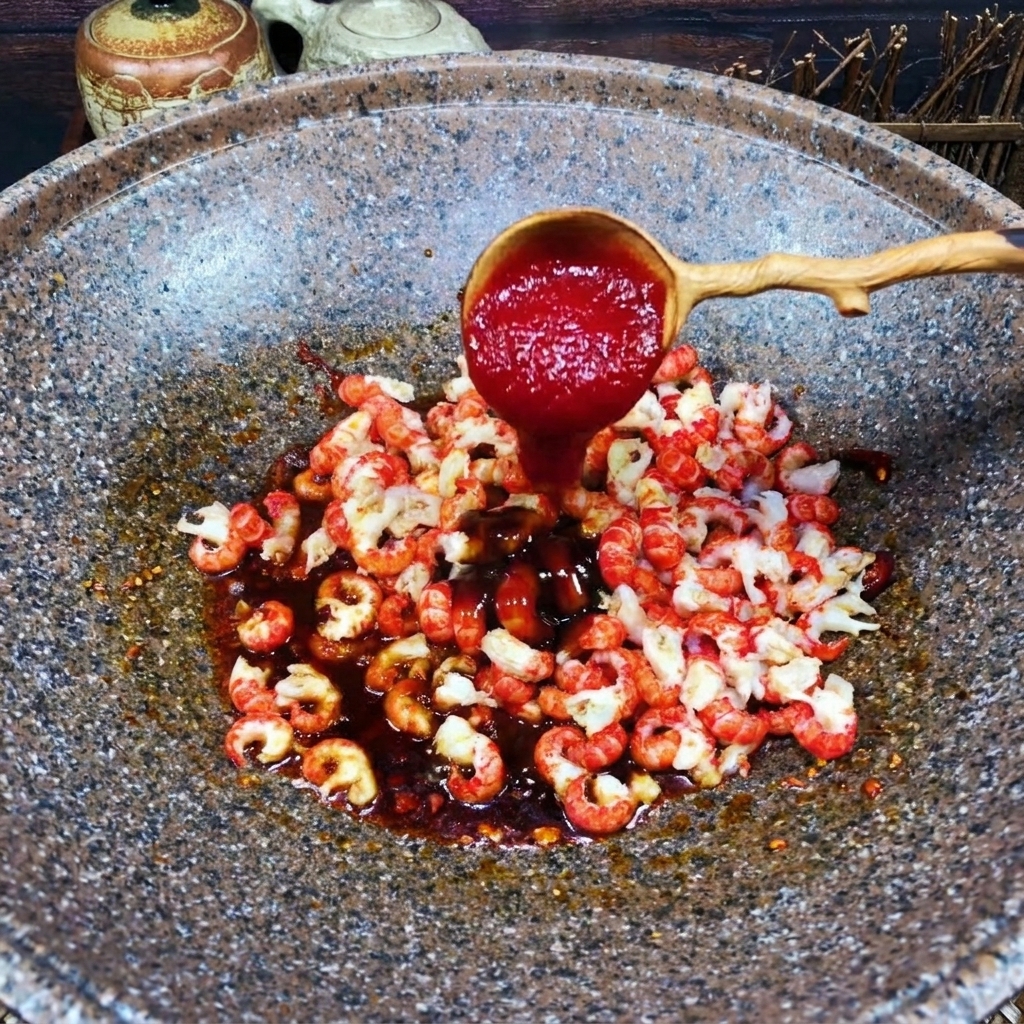 Ein Holzlöffel rührt leuchtend roten Ketchup unter das Flusskrebsfleisch im Wok.