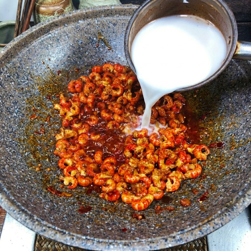 Stärkemischung wird in den Wok zu den Flusskrebsschwänzen gegossen.