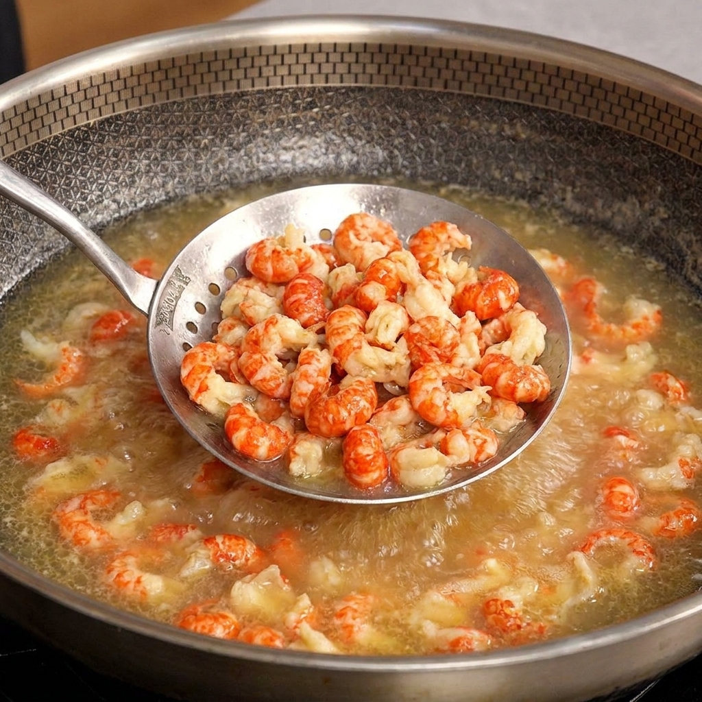 Ein Edelstahlsieb mit blanchierten Flusskrebs-Schwänzen wird aus einem dampfenden Wok gehoben.